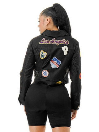 Black Embroidered Patch Long Sleeve Faux Leather Jacket – supplier photo 3