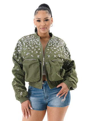 Olive Floral Pearl Long Sleeve Bomber Jacket – supplier photo 1