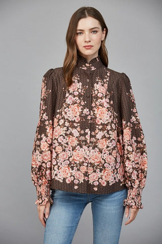 Brown Rose Print Long Sleeve Blouse