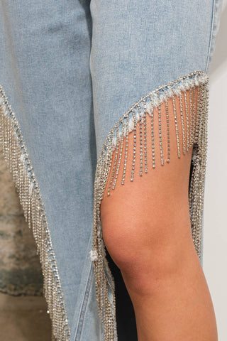 Open Side Rhinestone Fringe Jeans - Born To Glam