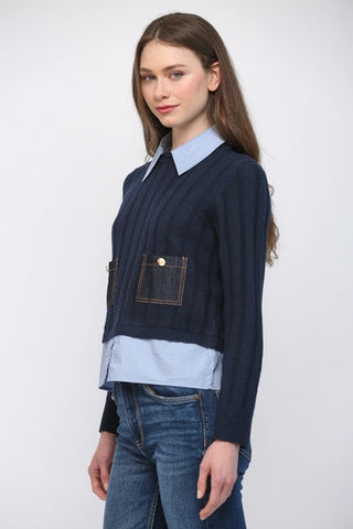 Navy Denim Patch Pocket Detail Twofer Sweater