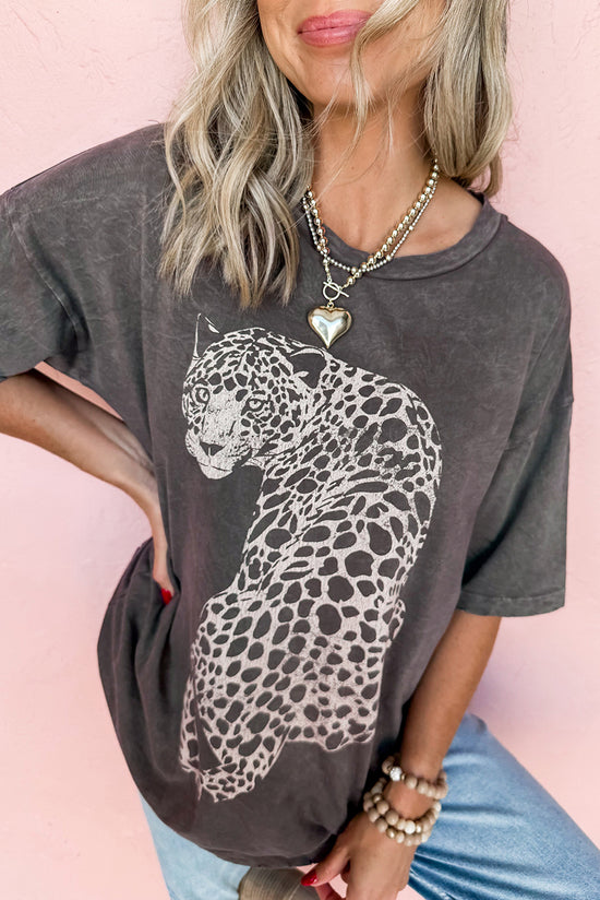 Medium Grey Vintage Cheetah Printed Mineral Wash Graphic Tee - Born To Glam Born To Glam