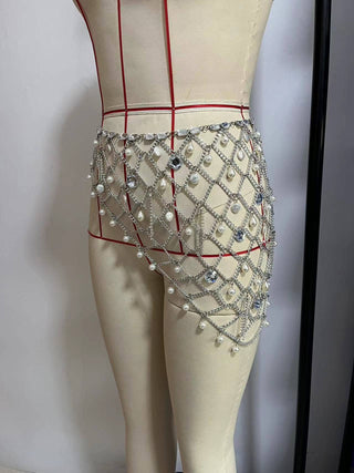 Pearl Chain Belt Mesh Skirt - Picture Color