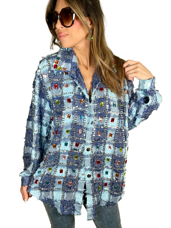 Blue Chic Multicolor Crystal Checkered Top