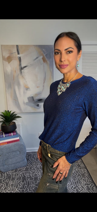 Blue Embellished Long Sleeve Top