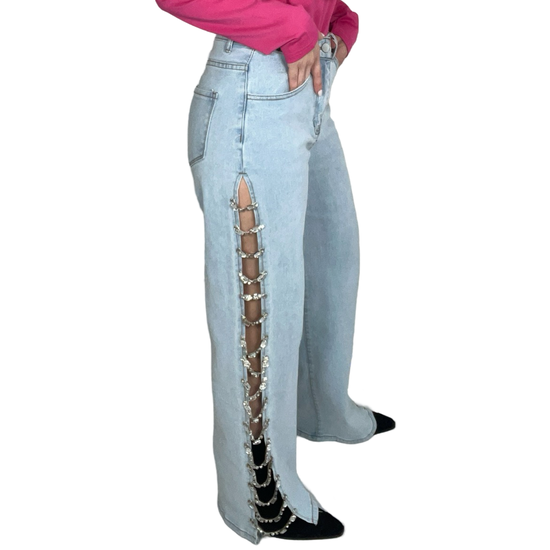 Side Split Crystal Stretch Jeans - Born To Glam Born To Glam