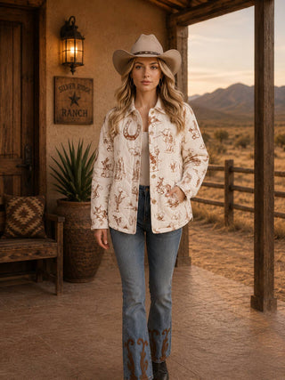 White Taupe Western Printed Quilted Shacket