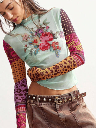 Floral Mock Neck Long Sleeve Top - Picture Color