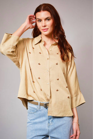 Hi-Low Pearl Embellished Chambray Top - Born To Glam