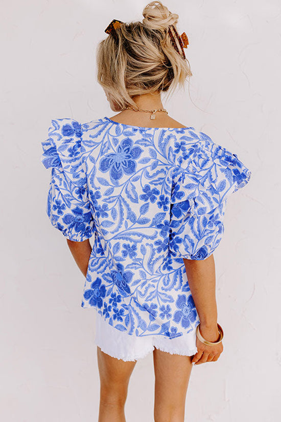 Dark Blue Floral Print Ruffled Bubble Sleeve Blouse - Born To Glam Born To Glam