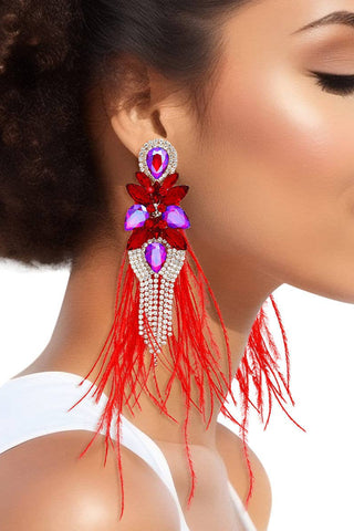 Tassel Red Feather Glass Earrings - Born To Glam