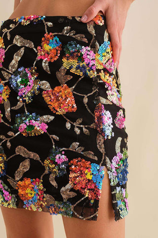 Multi Flower Sequin Mini Skirt - Born To Glam