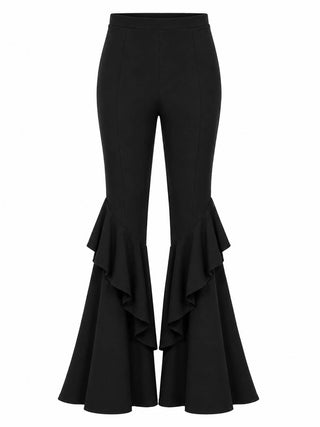 Black high-waisted bell bottom pants with fitted upper legs and cascading layered ruffle flares.