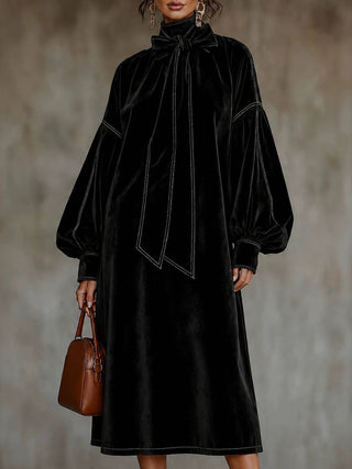 Navy Velvet Tie-Neck Midi Dress Navy view 3