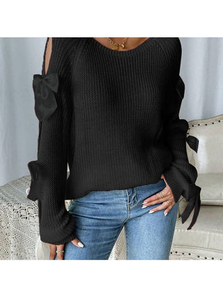 Black Bow Cutout Sleeve Sweater front
