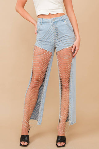 Cut Out Open Leg Rhinestone Chain Denim Jeans - Born To Glam