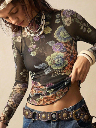 Floral Mesh Mock Neck Long Sleeve Top - Picture Color