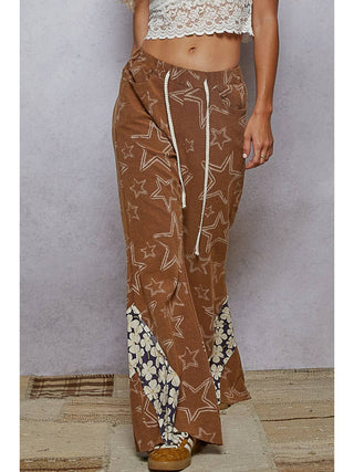 Rustic Brown Vintage Washing Star Pattern Edge Cut Flared Knit Pants by Born To Glam