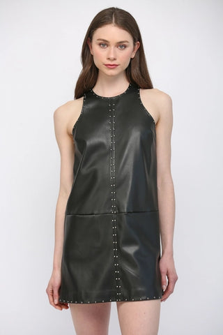 Black Stud Detail Faux Leather Shift Dress