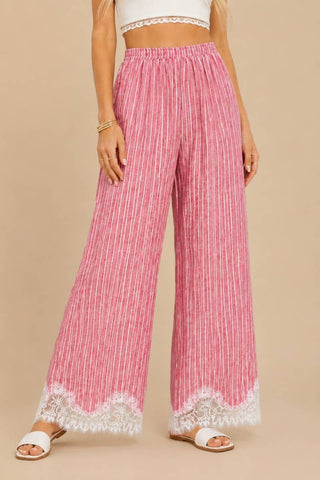 Light Red Lace-Trimmed Wide-Leg Pants
