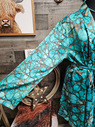 All Turquoise Long Sleeve Belted Satin Robe — Faire photo 3