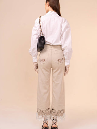 Washed Sand Embroidered Fringe Wide Leg Jeans - Faire photo 5