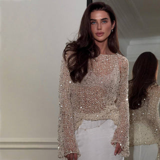Champagne Women's Sequin Embellished Knit Top - Champagne