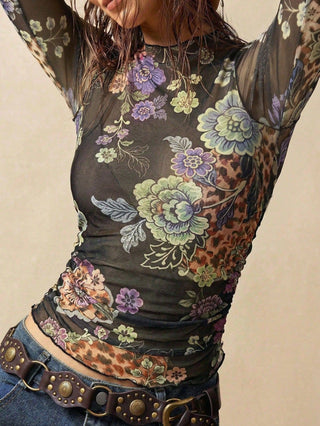 Floral Mesh Mock Neck Long Sleeve Top - Picture Color