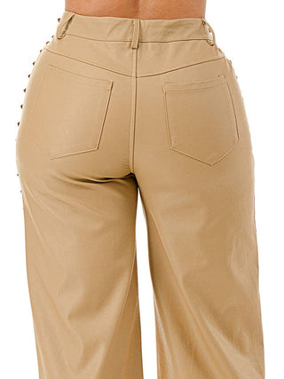 Beige Studded Wide Leg Faux Leather Pants – supplier view 5