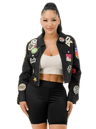 Black Embroidered Patch Long Sleeve Faux Leather Jacket – supplier photo 1