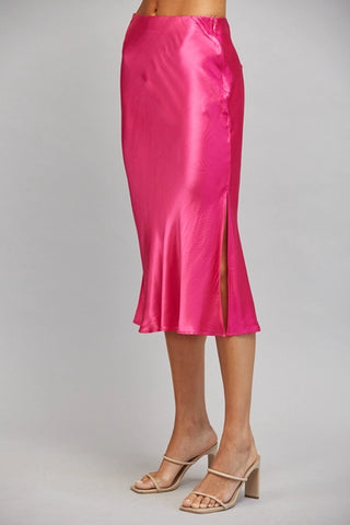 Fuchsia Satin Slip Midi Skirt
