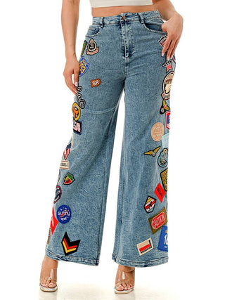 Blue Patchwork Wide Leg Denim Pants – front view