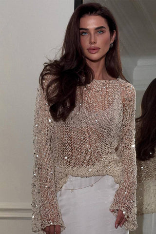Champagne Women's Sequin Embellished Knit Top - Champagne