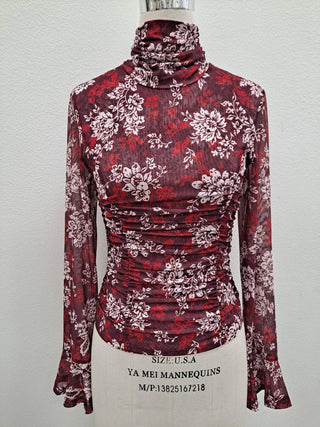 Wine Floral Mesh Ruched Mock Neck Top - Faire photo 3