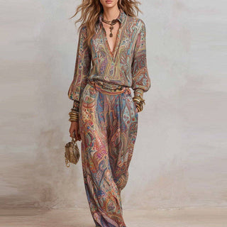 Multicolor Paisley V-Neck Top and Wide Leg Pants Set