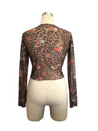 Coffee Leopard Floral Mesh Crop Top - Coffee