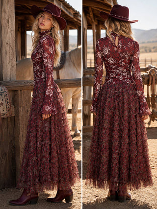Wine Floral Mesh Ruched Mock Neck Top - Faire photo 2