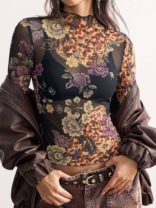 Vintage Floral Print Mesh Long Sleeve Slim Fit Top on model