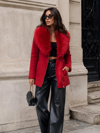 Red Luxe Faux Fur-Collar Tailored Coat