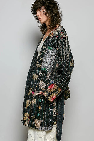 Black Handcrafted Stitch Waistband Kimono Top
