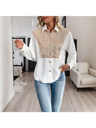 White Sequin Panel Button-Up Blouse front