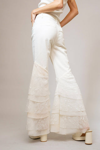Mid Rise Lace Tiered Flare Denim Jeans - Born To Glam