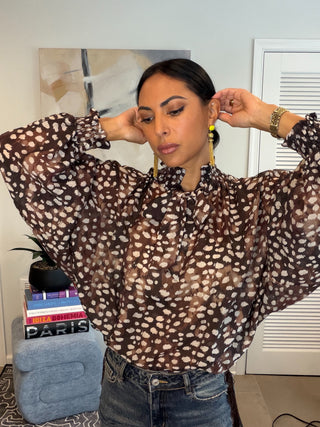 Brown Deer Dot Print  Balloon Sleeve One Size Blouse