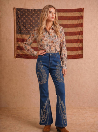 Beige Western Print Chiffon Button Up Blouse - Faire photo 7