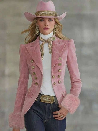 Pink Suede Western Blazer Fur Cuff Jacket Pink