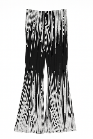 Black high-rise pant with a white linear sequin pattern and subtle flare leg styled as a statement party bottom.
