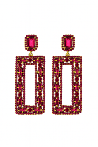 Pink crystal rectangle drop earrings with a silver-tone open geometric frame and sparkling statement design.