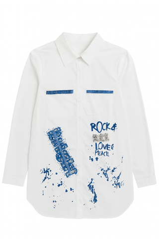 White long sleeve button-up top with blue Rock Love Peace graphic lettering, crystal embellishments, beaded pocket trim and splatter print details.