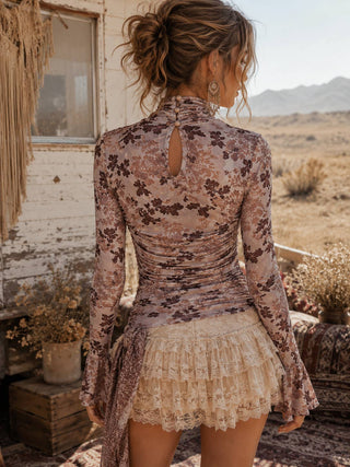 Taupe Floral Mesh Ruched Mock Neck Top - Faire photo 2