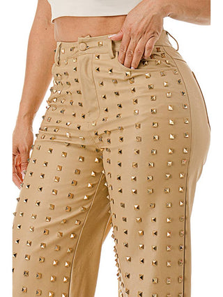 Beige Studded Wide Leg Faux Leather Pants – supplier view 4